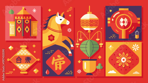 Vibrant illustration of diverse holiday lanterns and decorations in festive colors Vector