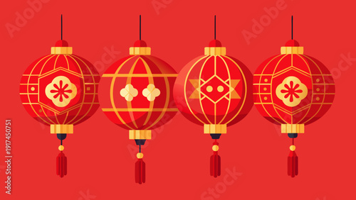 Four vibrant red chinese lanterns hanging in a row against a red background Vector