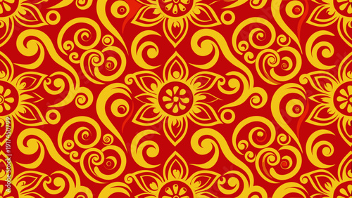 Intricate red and gold paisley pattern with symmetrical swirling designs Vector