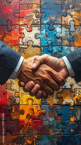 Handshake over a jigsaw puzzle, symbolizing partnership