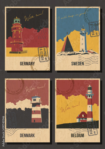 Germany, Sweden, Denmark, Belgium Lighthouses Attraction Postcard Set, European Beacons Popular Place Illustrations, Vector Templates Retro Style Greeting Card. Vintage Colors, Aged Paper Texture