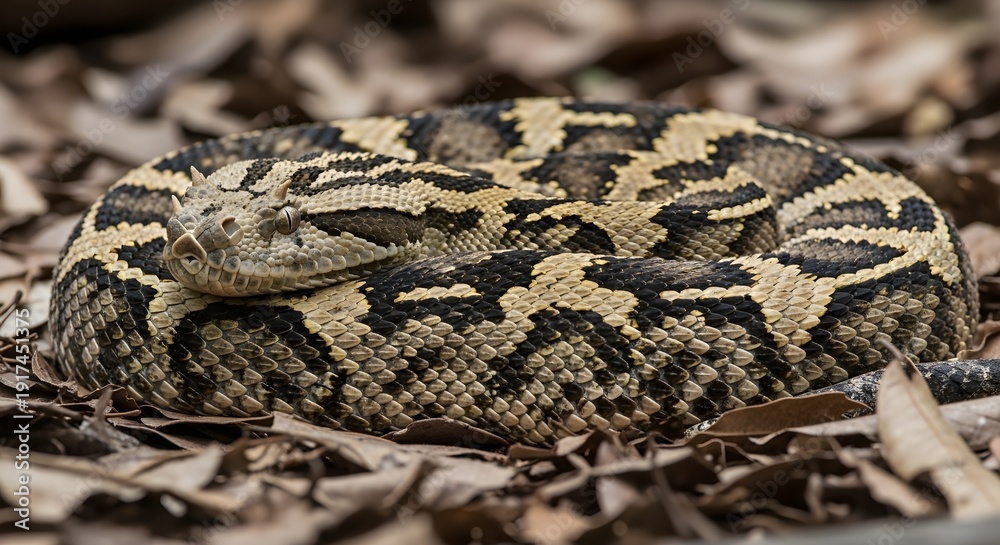 Fototapeta premium Coiled snake with camouflage pattern resting on forest floor leaves