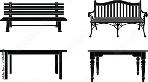 Silhouettes of benches and tables in minimalist and ornate styles, vector illustration for outdoor furniture, garden decor, and household design themes