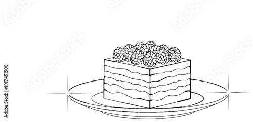 A square cake with many layers and raspberries on top