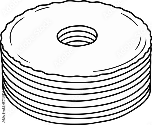 A stack of round, thin, layered objects with a central hole