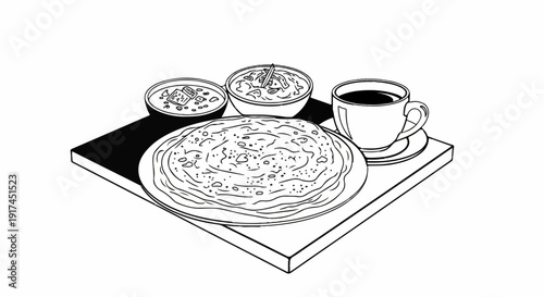 A stack of flatbreads with two bowls of curry and a cup of coffee