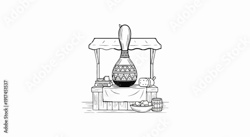 A stall displays a large decorative vase, books, and produce