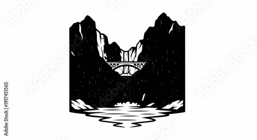A stark black and white graphic depicts a bridge spanning a waterfall between two mountains