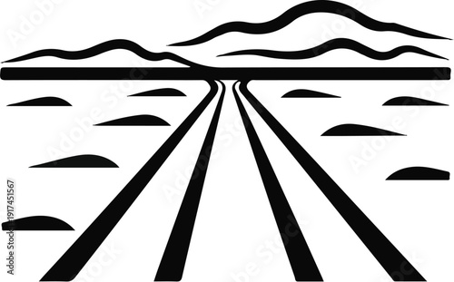 A stark black and white graphic depicts a vanishing point road amidst a barren landscape and distant hills