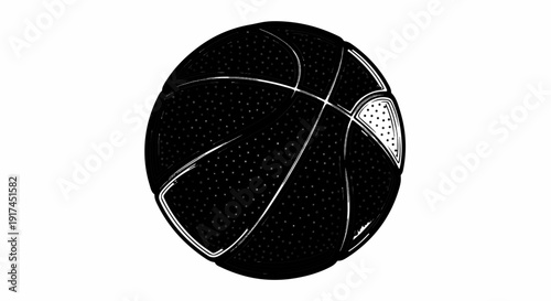 A stark black and white illustration of a basketball with textured panels and seams