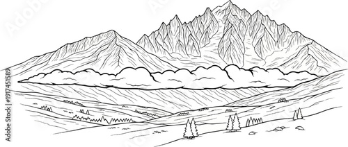 A stark black and white illustration depicts a rugged mountain range with clouds below