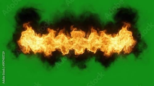 Vibrant, symmetrical, and intensely burning horizontal flame pattern, dynamically expanding and contracting with realistic orange and yellow hues, creating a powerful