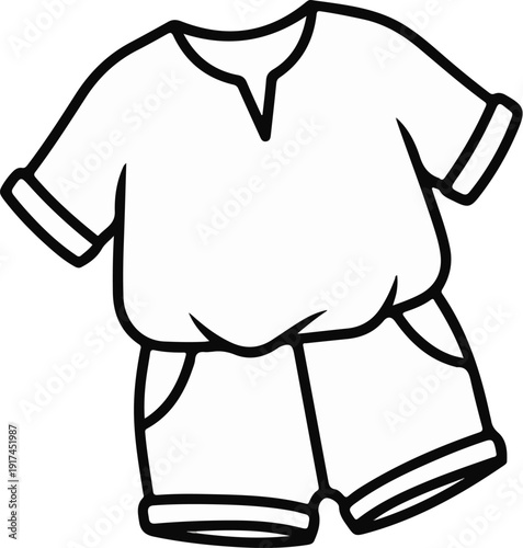 A simple outline drawing of a t-shirt and shorts outfit