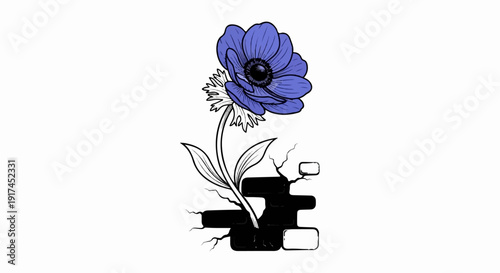 A single purple flower with thin petals grows from cracked bricks