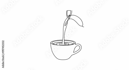 A single line drawing shows liquid pouring into a coffee cup from above