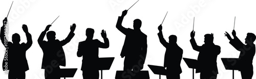 Silhouettes of orchestra conductors with batons and music stands, vector illustration representing classical music, performance, leadership, and artistic expression themes