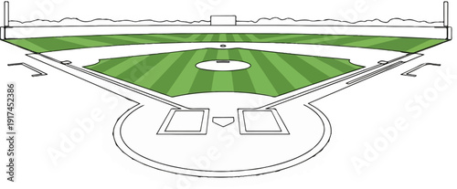 A sketch of a baseball field with green striped grass and white bases