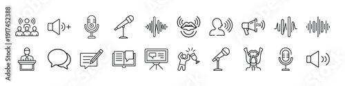 Collection of simple line icons representing public speaking and communication