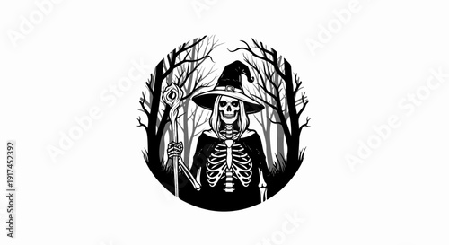A skeletal figure in a witch's hat holds a staff in a dark forest