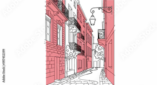 A sketch of a charming, narrow European street with buildings, balconies, and a lamp