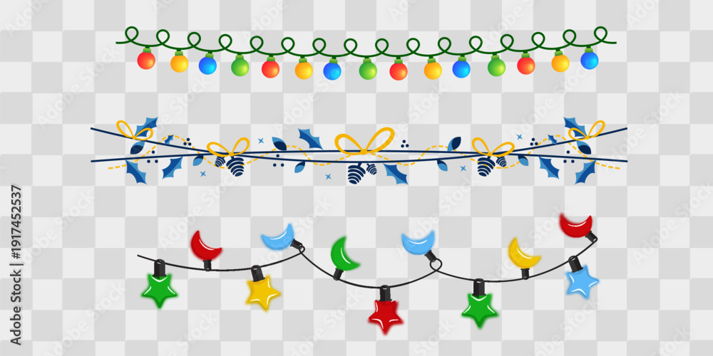 Naklejka premium Christmas decorations, isolated on transparent background. Silver string garlands with balls realistic set. White Xmas decor. Festive design element