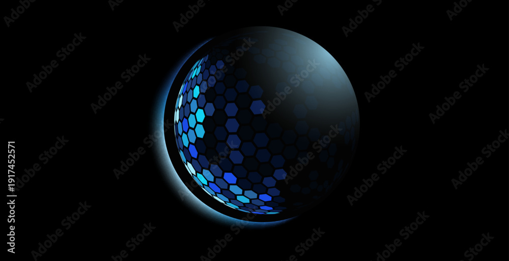 Obraz premium Glass transparent protection sphere shield. Sphere shield with hexagon pattern on blue background. Bubble shield in the form of a force energy field. Protection and safety concept.