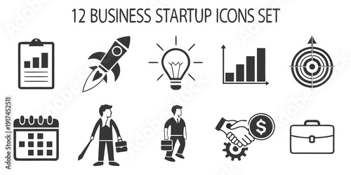 Twelve distinct black and white icons representing various aspects of business startups.