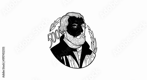 A sketch of a man wearing a black mask with laurel leaves and the number 500