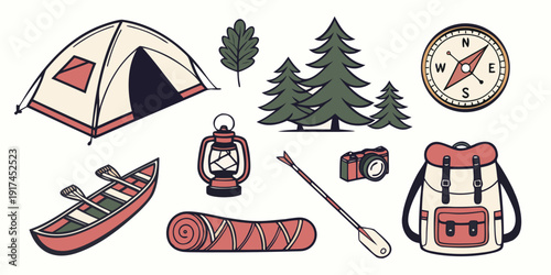 Outdoor camping gear including a tent, sleeping bag, and hiking equipment.