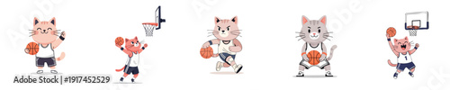 Basketball Cat Mascot Characters Collection Cute Flat Design Sports Illustration Set