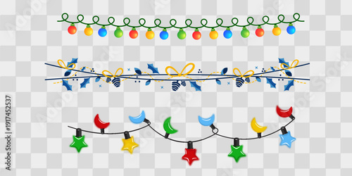 Christmas decorations, isolated on transparent background. Silver string garlands with balls realistic set. White Xmas decor. Festive design element