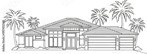 A sketch of a modern house with a wide, low-pitched roofline and palm trees
