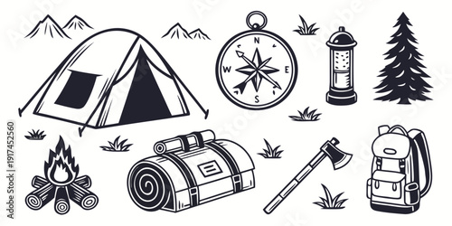 Illustration of camping gear and nature elements in a playful style