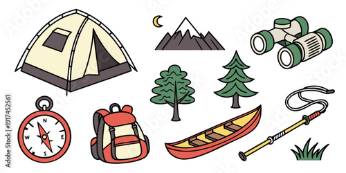 Illustrations of camping equipment and nature elements