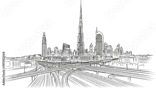 A sketch of a modern cityscape with a prominent tall tower and complex highway system