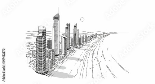 A sketch of a modern city skyline along a sandy beach and ocean
