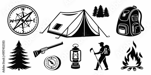 A collection of camping and outdoor adventure icons and symbols