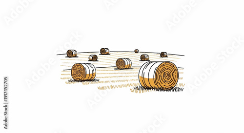 A sketch of round hay bales scattered across a field under a white sky