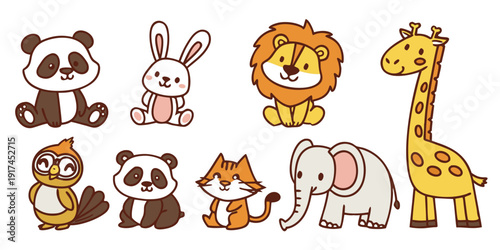 A delightful collection of cartoon animals including a lion, giraffe, panda, and more