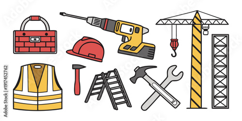 A collection of construction tools and safety equipment for building projects.