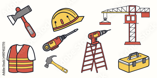 Assorted construction tools and equipment illustrated in a playful manner
