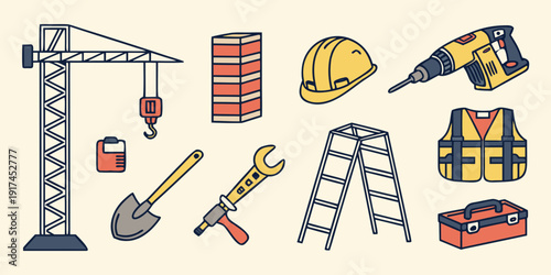 Assorted construction tools and equipment illustrated in a playful manner