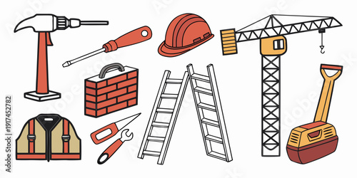 Assorted construction tools and equipment arranged neatly in a row