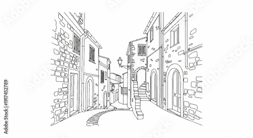 A sketched, narrow, old stone street winding between buildings