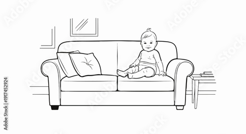 A smiling baby sits on a couch with a pillow and a side table