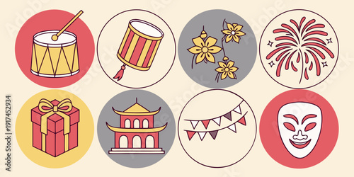 Assorted colorful circular badges with various designs and symbols.