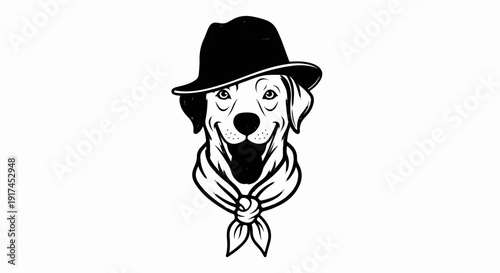 A smiling dog wears a tilted fedora and a tied scarf