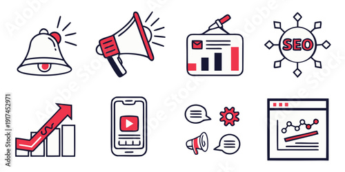 Illustrations of various communication and social media icons and symbols