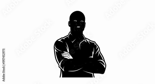 A smiling man with crossed arms, depicted in a stark silhouette style