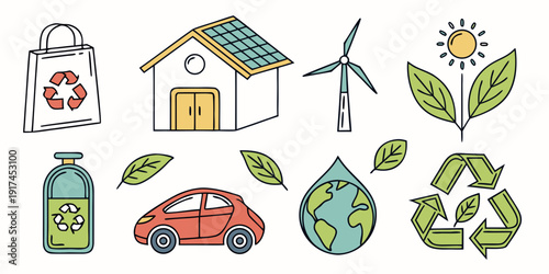 Illustrations of various eco-friendly icons and symbols representing sustainability.